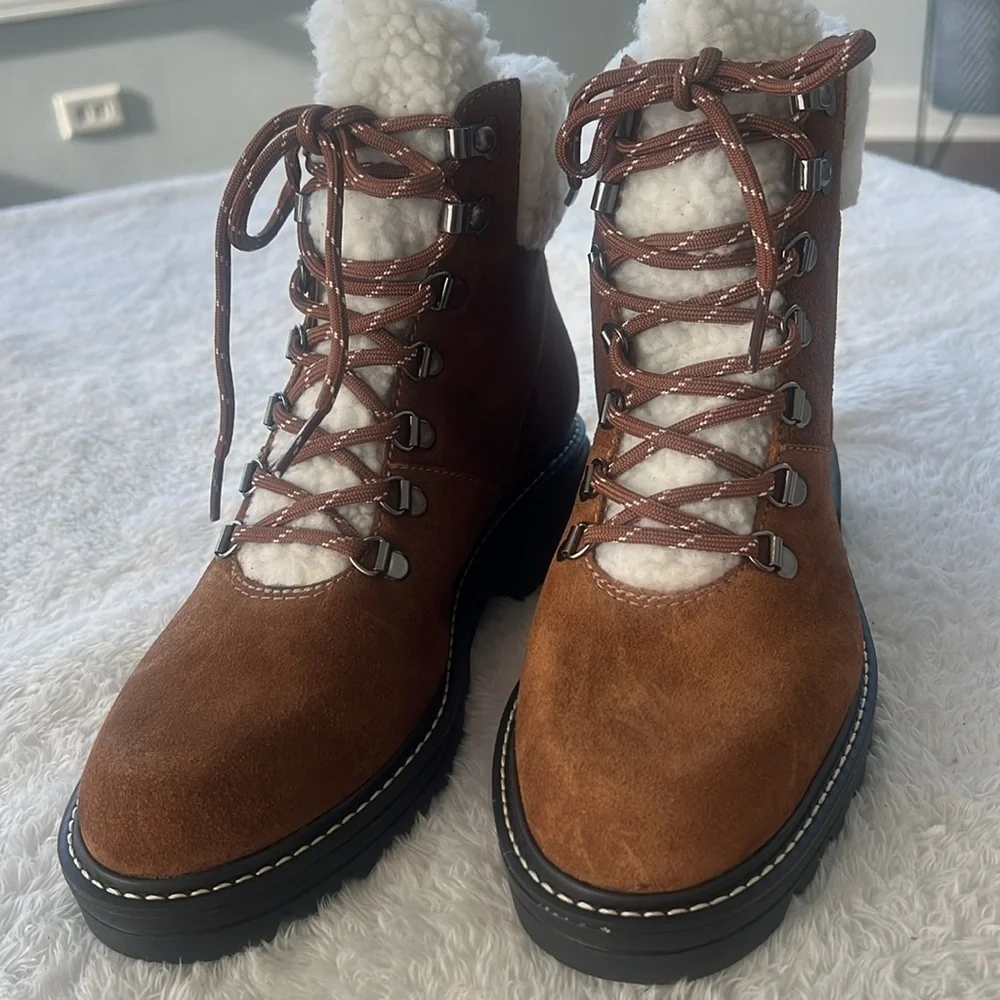 Bernardo Anthropologie Sz 7  Dasher Suede Brazil Hiking Boots Shearling Trim NWT